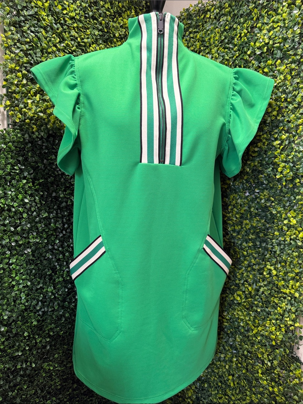 entro Green Short-Sleeve Mini Dress with Stripe Zip Placket